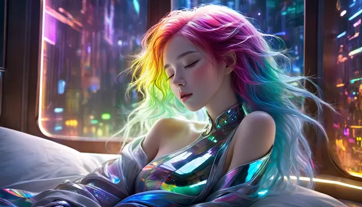 {{masterpiece}}, Highest quality, Highly detailed CG synthesis 8k wallpaper, Cinema Lighting,Futurism， Woman sleeping in bed，Close your eyes and sleep，Huge window behind， quiet night. , Multi-coloured hair, (Colorful Hair:1.5),