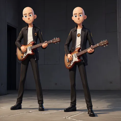 Saitama from one puch man in his uniform playing black guitar alone  