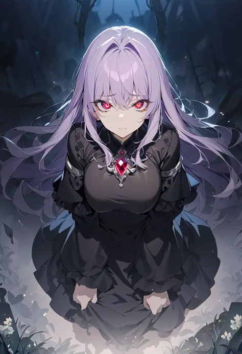 One girl, masterpiece, top quality, beautiful, big eyes, jewel eyes, ruby ​​eyes, light purple hair, long intakes, moe sleeves, black robe, grave, in the fog, anime