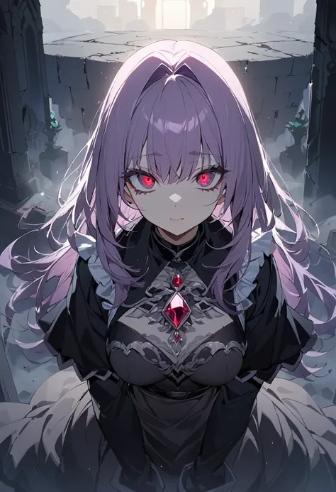 One girl, masterpiece, top quality, beautiful, big eyes, jewel eyes, ruby ​​eyes, light purple hair, long intakes, moe sleeves, black robe, grave, in the fog, anime