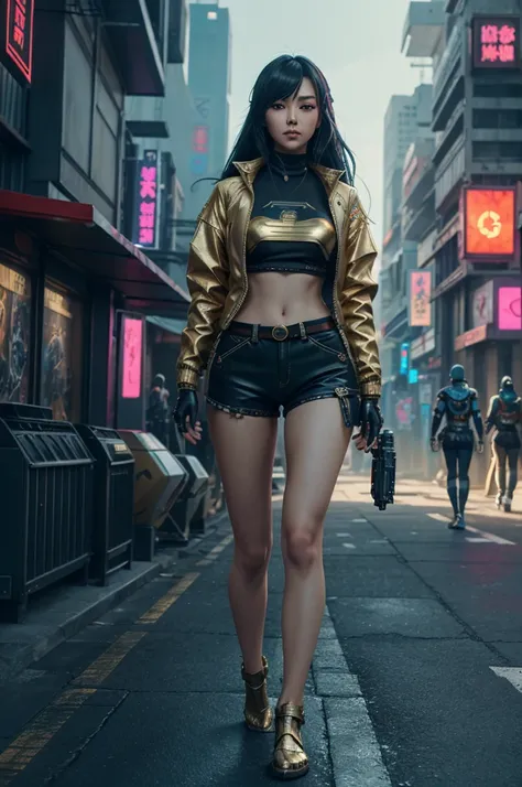 Boutique,best quality,Gold jewelry,(slip out feet),Fairy skin,(Fidelity :1.2),Standing,Super Detailed,realistic,High quality,Movie Light,Ray tracking,Ultra HD,Upper body
Girl in shorts and jacket standing next to giant robot, Guweiz style artwork, CyberPun...