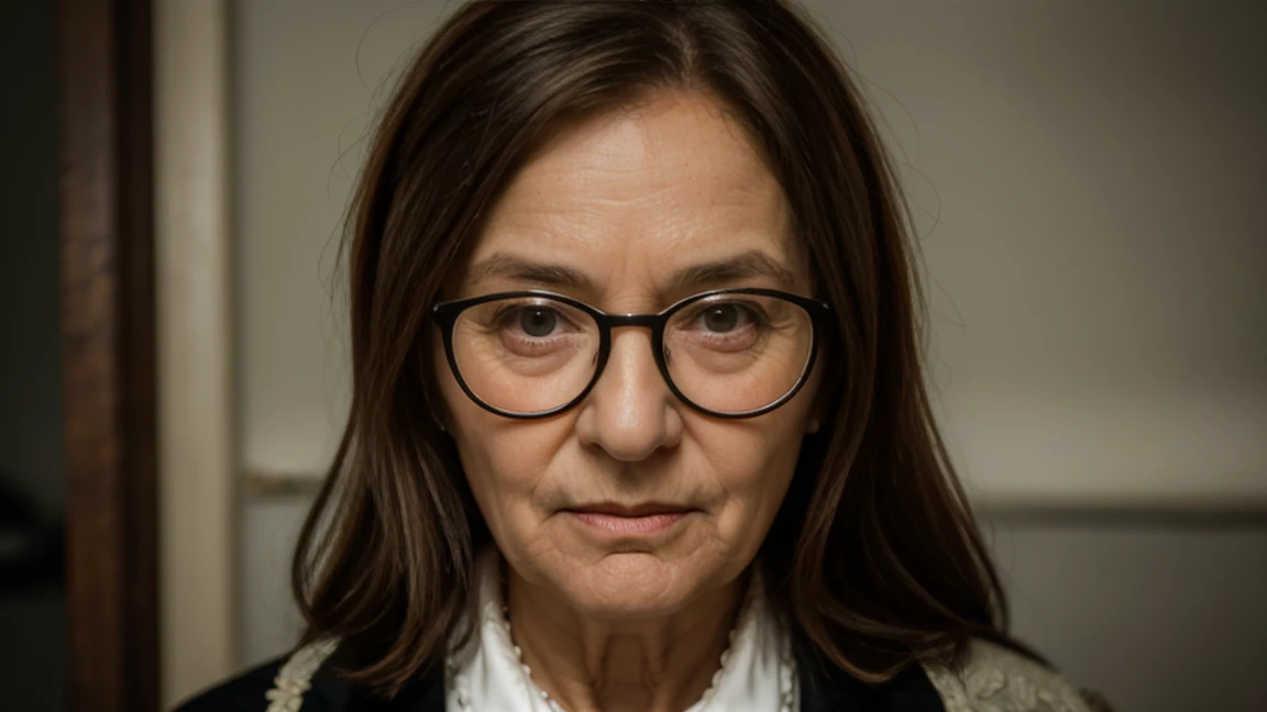 mulher mais old woman with glasses and a tie looking at the camera, a character portrait of László Balogh, shutter, fotorrealism, o olhar de uma pessoa elderly, old lady, mulher mais old woman, old woman, tense look, an old lady, elderly, high-quality port...