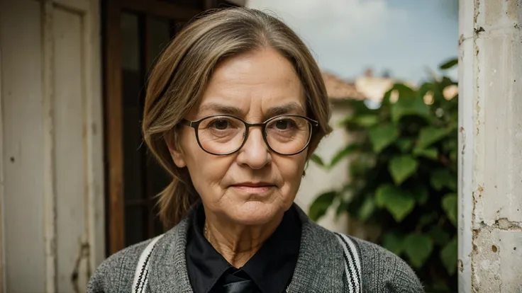 mulher mais old woman with glasses and a tie looking at the camera, a character portrait of László Balogh, shutter, fotorrealism, o olhar de uma pessoa elderly, old lady, mulher mais old woman, old woman, tense look, an old lady, elderly, high-quality port...