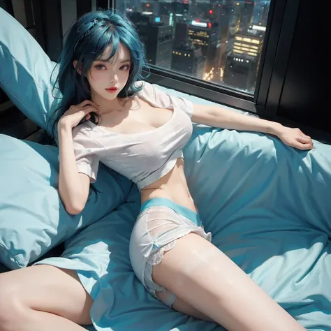 ((Best quality, 8k, Masterpiece :1.3)), Full body, Sharp focus :1.2, Beautiful woman with perfect figure :1.4, Slim stomach :1.2, ((cyan hair, Big breasts :1.2)), body dress : 1.1 , (Night city view, Bedroom :1.1), Highly detailed facial and skin textures,...