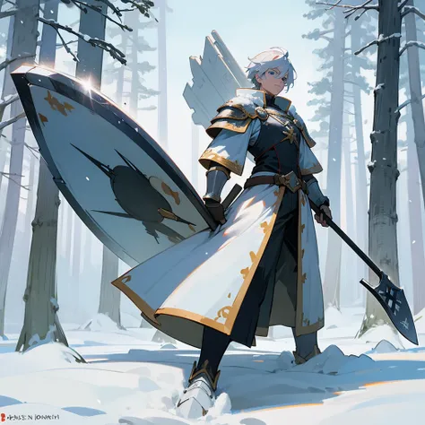 Warrior in sponge armor, stands in the middle of the winter forest, holding a shield and an ax in his hands, white flag behind, trees and snow around, blue eyes, white hair in anime drawing 