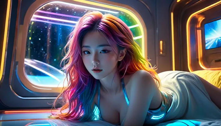 (Highest quality,8K,Super detailed:1.2),(CG,CG Art,3D Rendering),(masterpiece:1.2),（Crawling on the table），（Sexy Outfits），(Cinema Lighting,Futuristic),(Woman lying in bed,Sleep,close your eyes),(The big window behind her,quiet night),(Colorful Hair:1.5)