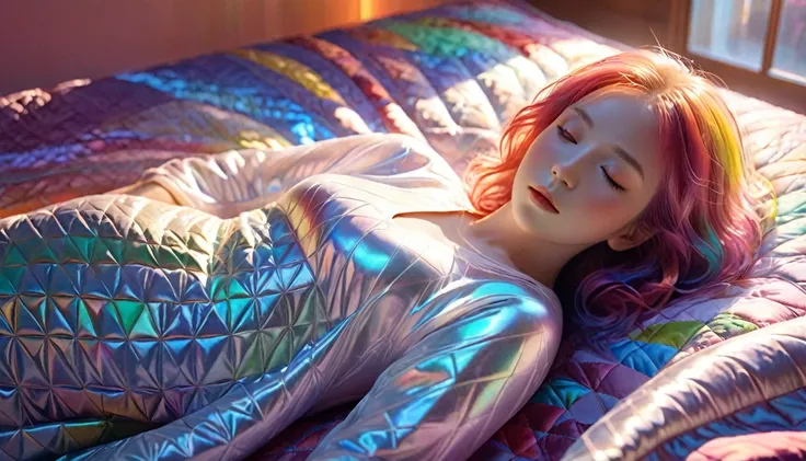 {{masterpiece}}, Highest quality, Highly detailed CG synthesis 8k wallpaper, Cinema Lighting,, Woman lying on sofa，The body is covered with a quilt,Close your eyes and sleep，Large window at the back， quiet night. , Multi-colored hair, (Colorful Hair:1.5),