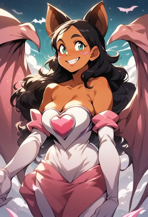 (rouge_the_bat_(cosplay):1), white elbow gloves, bare shoulders, bat wings, ((masterpiece,best quality)), connie maheswaran, long hair, black hair, pink blade, whisker markings, cowboy shot, smile, big breast, age 25, sensual pin-up