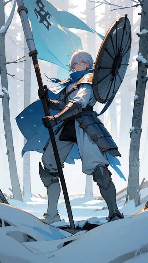 Warrior in sponge armor, stands in the middle of the winter forest, holding a shield and an ax in his hands, white flag behind, trees and snow around, blue eyes, white hair in anime drawing , man, Realism, fix 