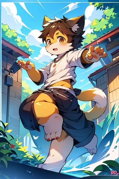 Anime style illustration of a boy with a cat tail and shirt, 2D Anime Style, Detailed fan art, high quality Anime art style, Anime Style 4k, Stylized anime, Anime Shōnen, Hero 2D Fan Art Art Station, Cute art style, Tsunami behind, Anime art style, Anime A...