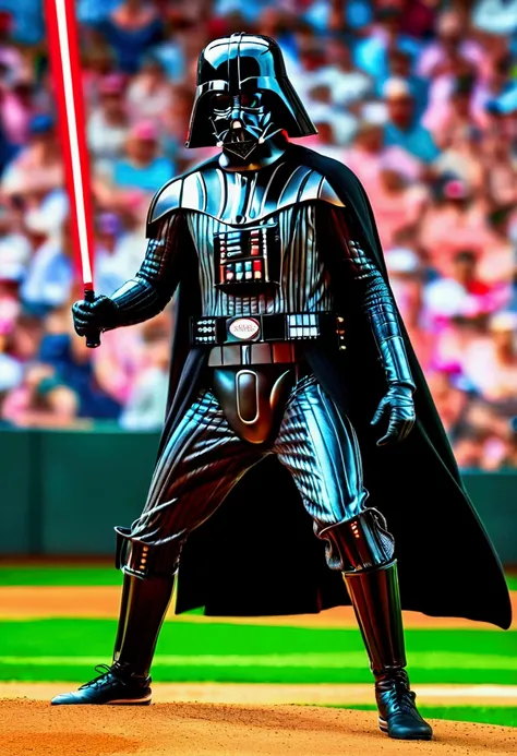 Baseball Player, Darth Vader, full body, cinematic still, cinemascope, (best quality, masterpiece), very aesthetic, perfect composition, intricate details, ultra-detailed, vivid colors