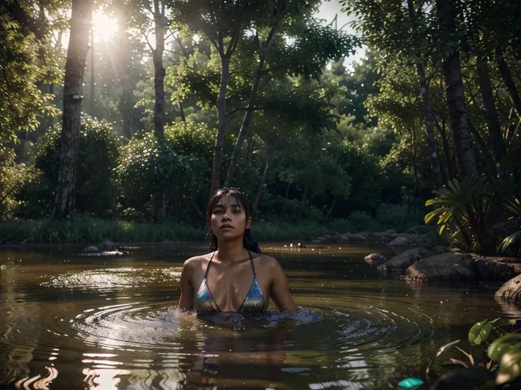 maozonia indigenous girl, 18 years old, bathing in a river, in the middle of the forest, a jaguar watching from afar, sad, Clockpunk, Gamercore, street level view, Blender rendering, 100mm, Sculpture, iridescent colors, Medicalcore, strobe lighting, ultra ...