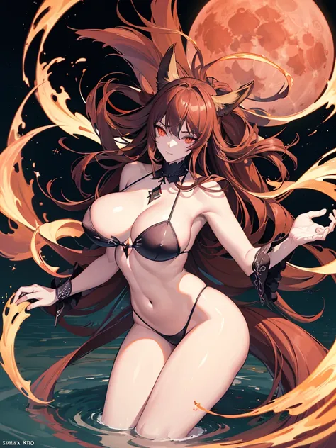 a beautiful detailed kitsune woman with long black fox ears and tails, glowing red eyes, highly detailed mature and curvy figure, large breasts, holding a towel, ruling over a lake with a huge red blood moon reflecting in the water, surrounded by a burning...