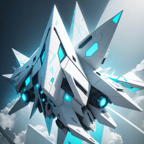 triangle shaped spaceship, abstract, White color, with cyan details,