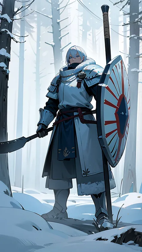 Warrior in sponge armor, stands in the middle of the winter forest, holding a shield and an ax in his hands, white flag behind, trees and snow around, blue eyes, white hair in anime drawing , man, Realism, fix 