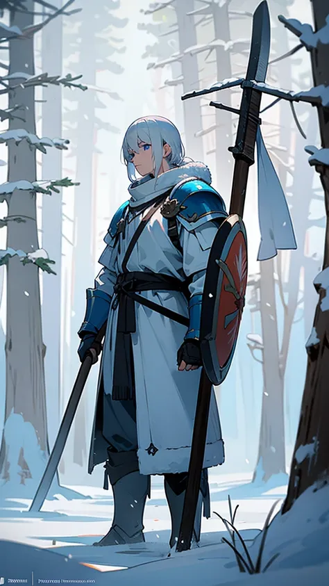 Warrior in sponge armor, stands in the middle of the winter forest, holding a shield and an ax in his hands, white flag behind, trees and snow around, blue eyes, white hair in anime drawing , man, Realism, fix 