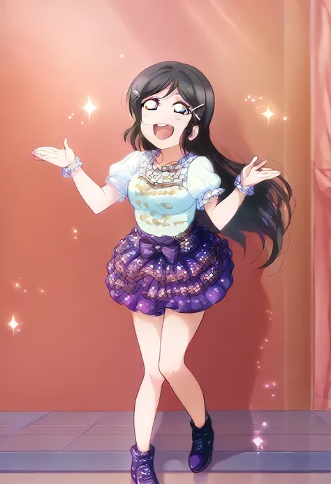 a girl, sparkling idol outfit, clothes, black hair, blue eyes, happy, sparking, standing, long hair, full body