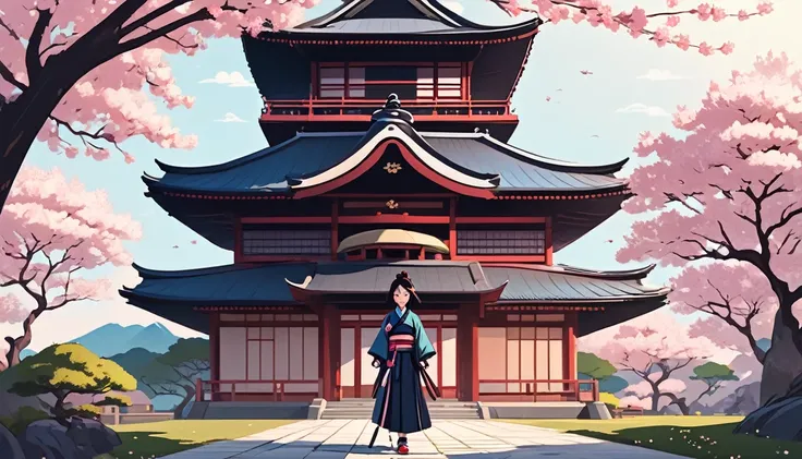 Female samurai,Background is cherry blossoms and a Japanese temple、 Wide-angle lens, Lofi Anime, Lofi illustration, Aesthetic atmosphere, Lo-Fi Style, Vector art, Flat Design, Simple shape, Warm tones, Pleasant atmosphere, Chill, In anime style, Digital dr...