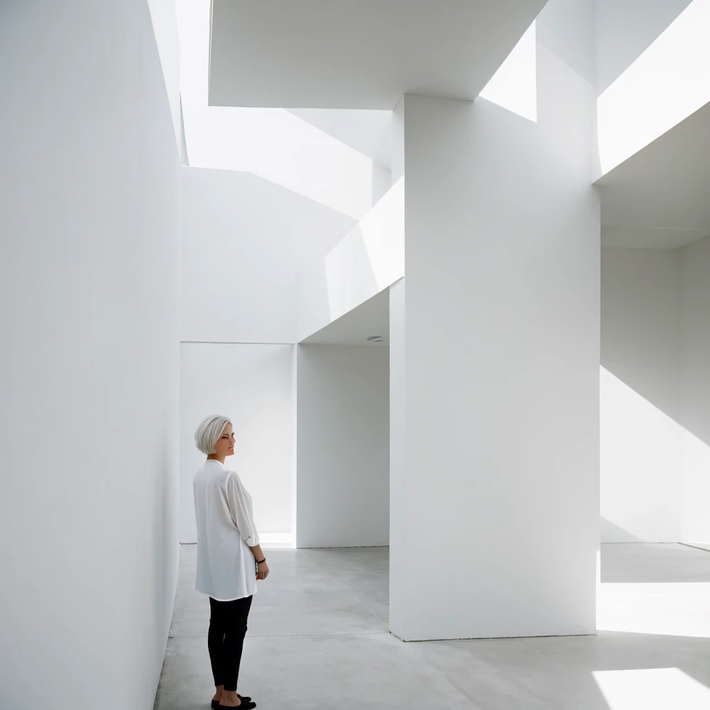  short white hair women the background of a minimalist beautiful white architecture 