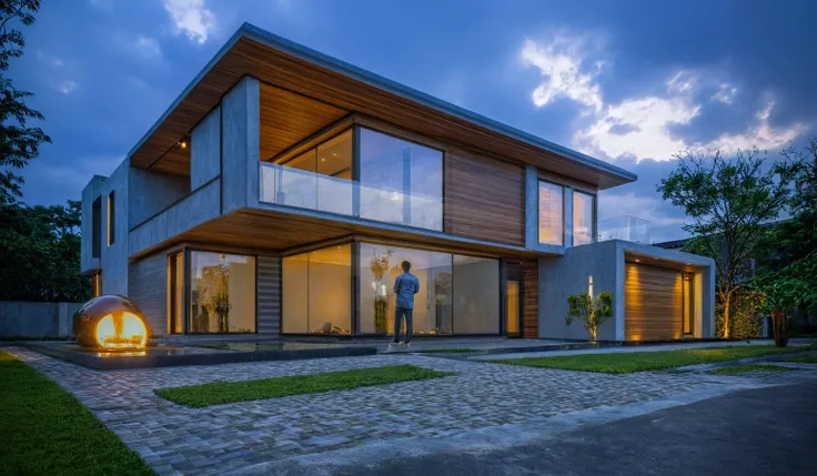 Modern villa on the street, (gloomy light:1.2), cây nhiệt đới, vivid colors, street landscape, Beautiful skies,  Gray concrete and wood walls, (large glass door:1.2), Warm interior lighting, modern materials, best quality, cực kỳ chân thực, masterpiece , 1...