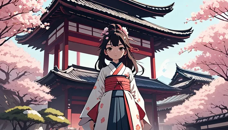 Female samurai,Background is cherry blossoms and a Japanese temple、 Wide-angle lens, Lofi Anime, Lofi illustration, Aesthetic atmosphere, Lo-Fi Style, Vector art, Flat Design, Simple shape, Warm tones, Pleasant atmosphere, Chill, In anime style, Digital dr...