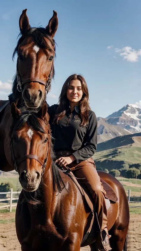 1 woman, riding a horse, brown horse, black horse hair, cowboy, mountain background