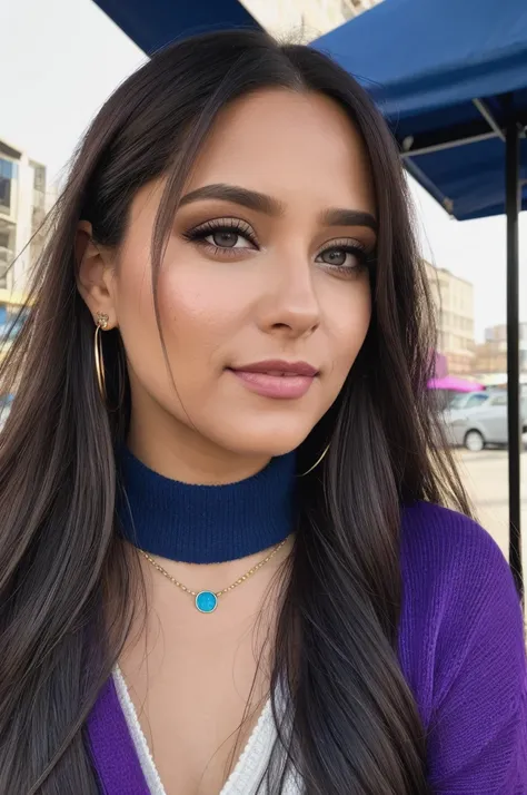 sarahHy1 piercing eyes, looking straight, very happy,long hair, wearing an blue sweater, purple choker, closeup portrait, in a outdoor cafe in 2015, afternoon light