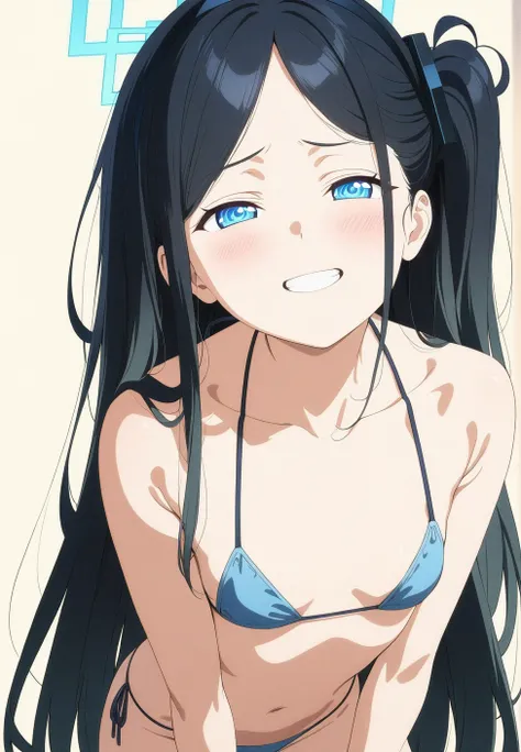 best quality, amazing quality, very aesthetic, absurdres, (1girl, aris (blue archive), blue archive, blue eyes, black hair, small breasts), (realistic face:0.9),(string bikini:1.8), (grin, blush, thigh:1.3), (cowboy shot), (glowing eyes), (half closed eyes...