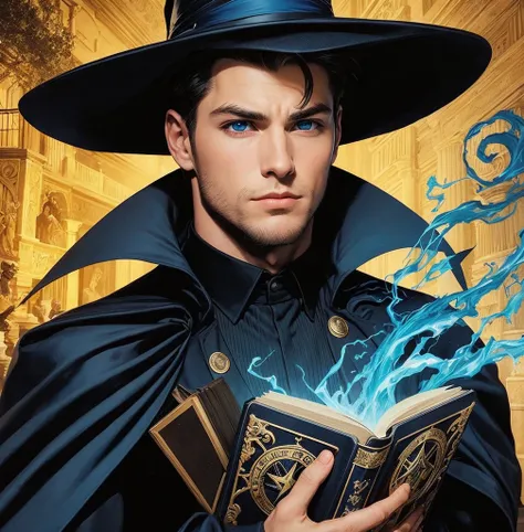 American classic comic book art: handsome young man, black short hair, navy blue wizard hat, navy black suit, fire magic, holding a blue magic book, blue eyes, elegant, city, wide sleeves, creating spells, library.