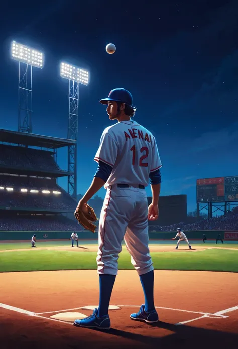 Baseball Player, by Alena Aenami, full body, cinematic still, cinemascope, (best quality, masterpiece), very aesthetic, perfect composition, intricate details, ultra-detailed, vivid colors