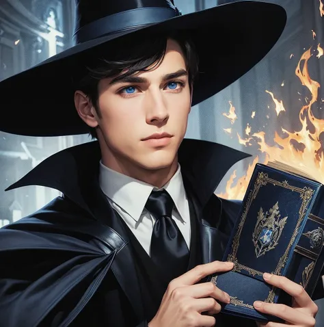 American classic comic book art: handsome young man, black short hair, navy blue wizard hat, navy black suit, fire magic, holding a blue magic book, blue eyes, elegant, city, wide sleeves, creating spells, library.