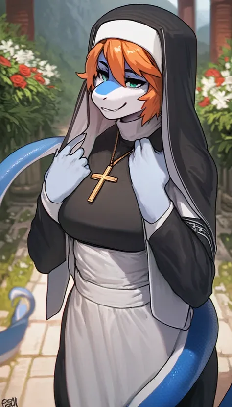 solo, blue and white blue snake, beautiful details, smile, smile, sfw, outdoors, beautiful background, flowers, wearing accurate nun clothing, cross necklace, head covering, orange hair,  motherly figure,  perfect anatomy, masterpiece ,amazing shading, ful...