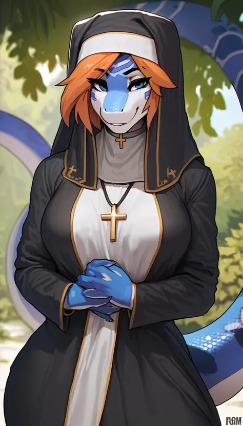 solo, blue and white blue snake, beautiful details, smile, smile, sfw, outdoors, beautiful background, flowers, wearing accurate nun clothing, cross necklace, head covering, orange hair,  motherly figure,  perfect anatomy, masterpiece ,amazing shading, ful...