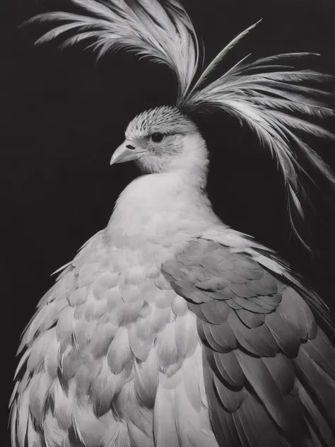 In the heart of the image, a single animal stands, bathed in the spotlight against a stark black backdrop. This creature, a bird of some kind, is captured in exquisite detail, its feathers meticulously rendered, each one distinct and lifelike. The backgrou...