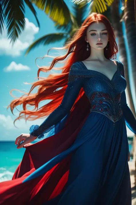 16 year old Sophie Turner, ultra detailed face, ultra detailed blue eyes, long red hair, (dress, long skirt), tropical water, (((masterpiece)))