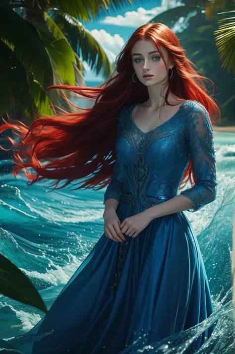 16 year old Sophie Turner, ultra detailed face, ultra detailed blue eyes, long red hair, (dress, long skirt), tropical water, (((masterpiece)))