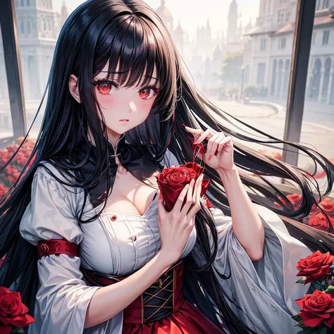 Anime girl with long black hair and white dress with red roses, Gu Weiss, Gu Weiss on pixiv artstation, Detailed digital anime art, Beautiful anime girl, Gu Weiss on artstation pixiv, Anime style 4k, guys, Beautiful anime portrait, Detailed portrait of ani...