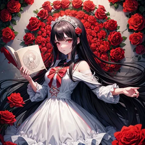 Anime girl with long black hair and white dress with red roses, Gu Weiss, Gu Weiss on pixiv artstation, Detailed digital anime art, Beautiful anime girl, Gu Weiss on artstation pixiv, Anime style 4k, guys, Beautiful anime portrait, Detailed portrait of ani...