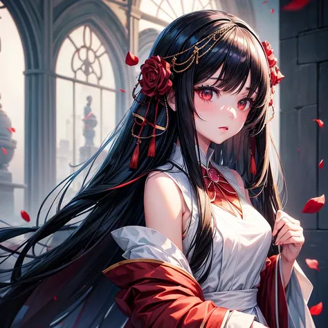 Anime girl with long black hair and white dress with red roses, Gu Weiss, Gu Weiss on pixiv artstation, Detailed digital anime art, Beautiful anime girl, Gu Weiss on artstation pixiv, Anime style 4k, guys, Beautiful anime portrait, Detailed portrait of ani...