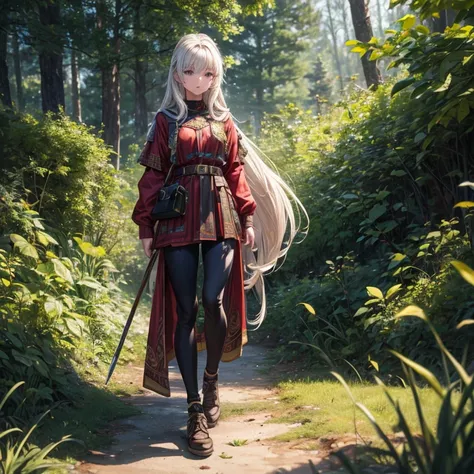 4K, Practical, Very detailed, There was a girl in the woods, She is a warrior, War theme, Soft clothes, Long hair, Wearing leggings, 25 years old, whole body, Wear Gucci (gucci) shoe