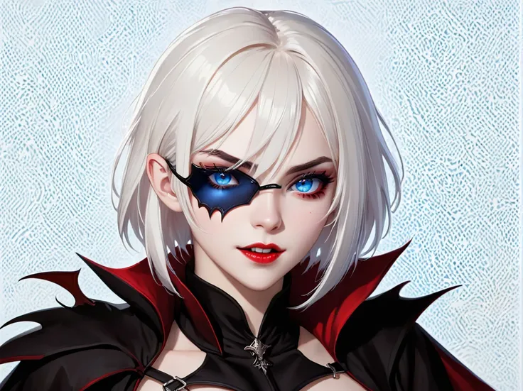 A young woman with white hair and red tips, a vampire, vampire canines, blue eyes, eye patch, short hair, female physique, Discord PfP, fantasy, vampire,long canines, rice teeth