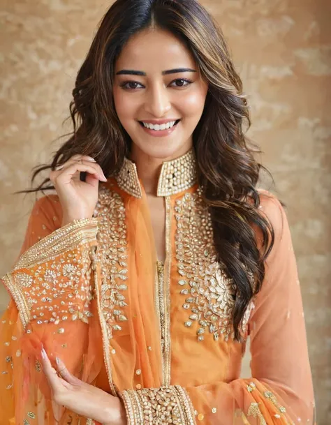 hires headshot photo of ananya pandey woman, studio quality, looking straight at viewer, detailed ethnic dress with high collar,...