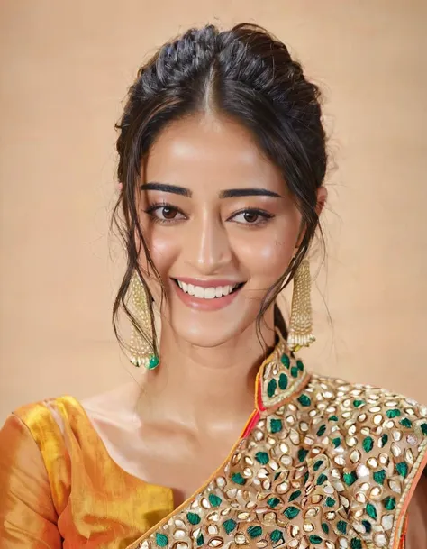 hires headshot photo of ananya pandey woman, studio quality, looking straight at viewer, detailed ethnic dress with high collar,...