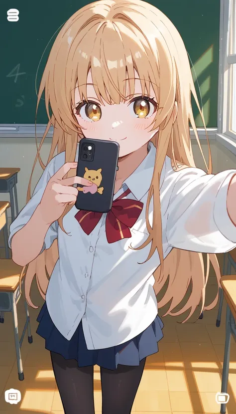 masterpiece,Ultra HD,score_4_onBREAK source_anime,可愛いanimeイラスト, masterpiece,high resolution,smile,alone,mahirushiina,One girl,Blonde,Long Hair,Selfie pose,Close your mouth,Show your underwear,White shirt,Red bow tie,black tights,School,classroom,nsfw,