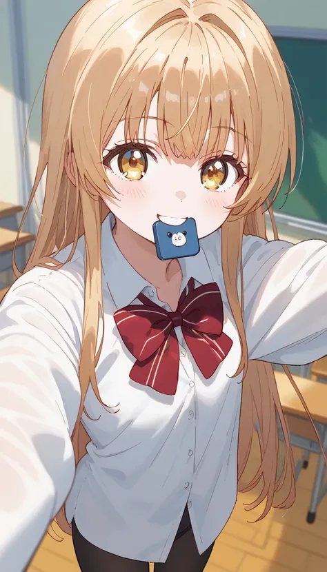 masterpiece,Ultra HD,score_4_onBREAK source_anime,可愛いanimeイラスト, masterpiece,high resolution,smile,alone,mahirushiina,One girl,Blonde,Long Hair,Selfie pose,Close your mouth,Show your underwear,White shirt,Red bow tie,black tights,School,classroom,nsfw,