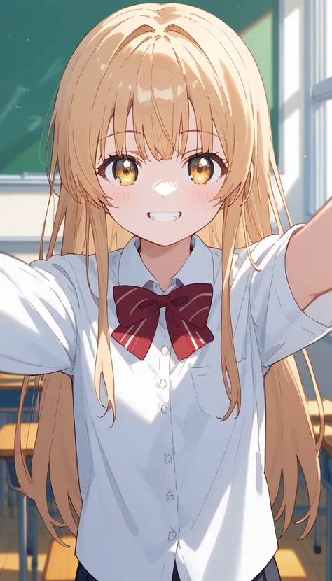 masterpiece,Ultra HD,score_4_onBREAK source_anime,可愛いanimeイラスト, masterpiece,high resolution,smile,alone,mahirushiina,One girl,Blonde,Long Hair,Selfie pose,Close your mouth,Show your underwear,White shirt,Red bow tie,black tights,School,classroom,nsfw,