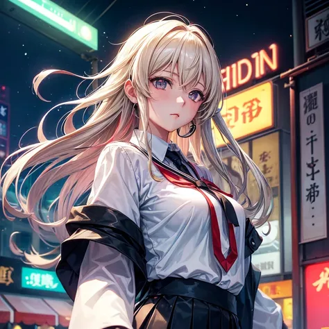 On the busy streets of Gintama，Wearing school uniform，Beautiful woman with hot girl makeup, There are vendors all around, Beautiful portrait of a stunning goddess girl, Beautiful and delicate face, Porcelain skin, Half-length photo, Center,(He is black,Umb...