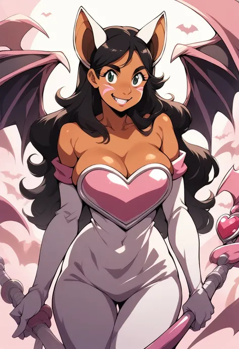 (rouge_the_bat_(cosplay):1), white elbow gloves, bare shoulders, bat wings, ((masterpiece,best quality)), connie maheswaran, long hair, black hair, pink blade, whisker markings, cowboy shot, smile, big breast, age 25, sensual pin-up,  flirty cleavage  teas...