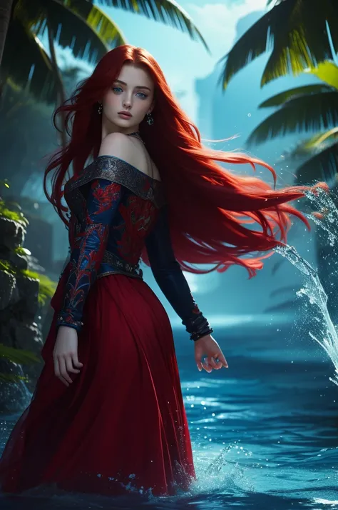 16 year old Sophie Turner, ultra detailed face, ultra detailed blue eyes, long red hair, (dress, long skirt), tropical water, (((masterpiece)))