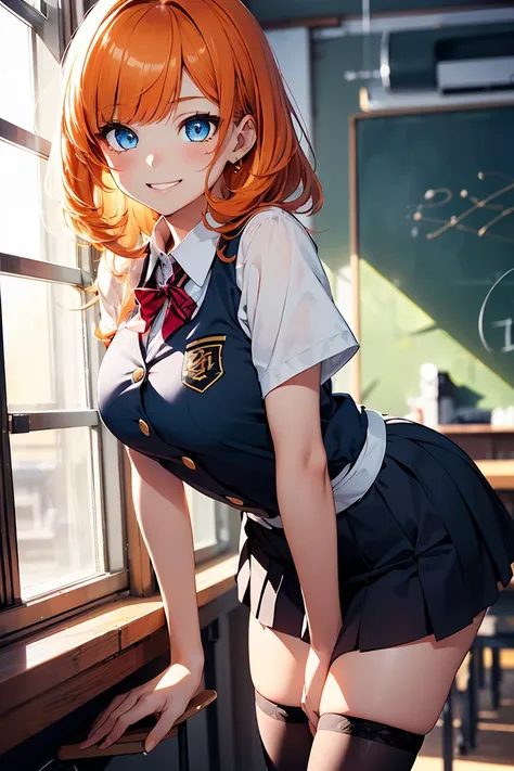 ((1 girl)), Latest trends in clothing, cheerful grin, animated expressions, school uniform, blackstockings, classroom ((very detailled, highest quallity, high resolution, 8 k wallpaper, cute ,)),(hair orange, shorth hair, juvenile,bouncy hair, ((asymmetric...